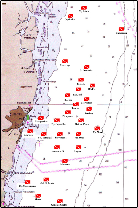 Mapa de naufrágios da região com link para os pontos de mergulho